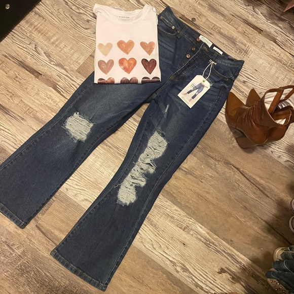 RE Generation High Rise Cropped Flare “Flower” Distressed Jeans, Dark Denim, - Picture 14 of 16